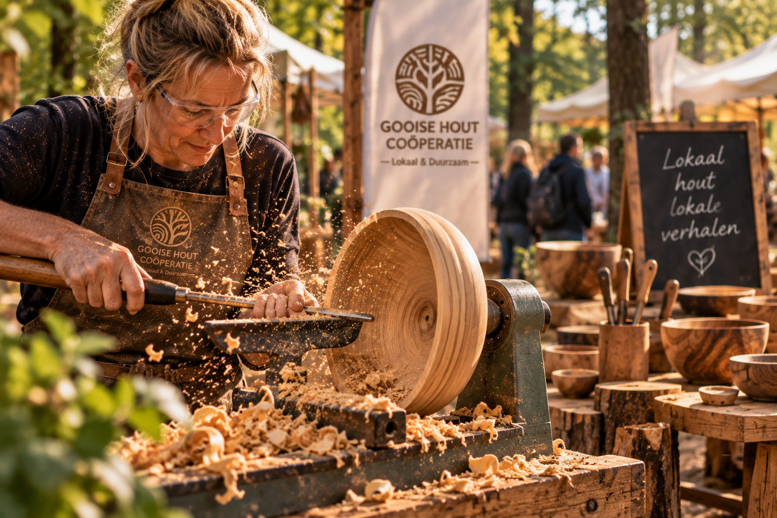 Houtdraaier demonstreert het ambacht met lokaal hout