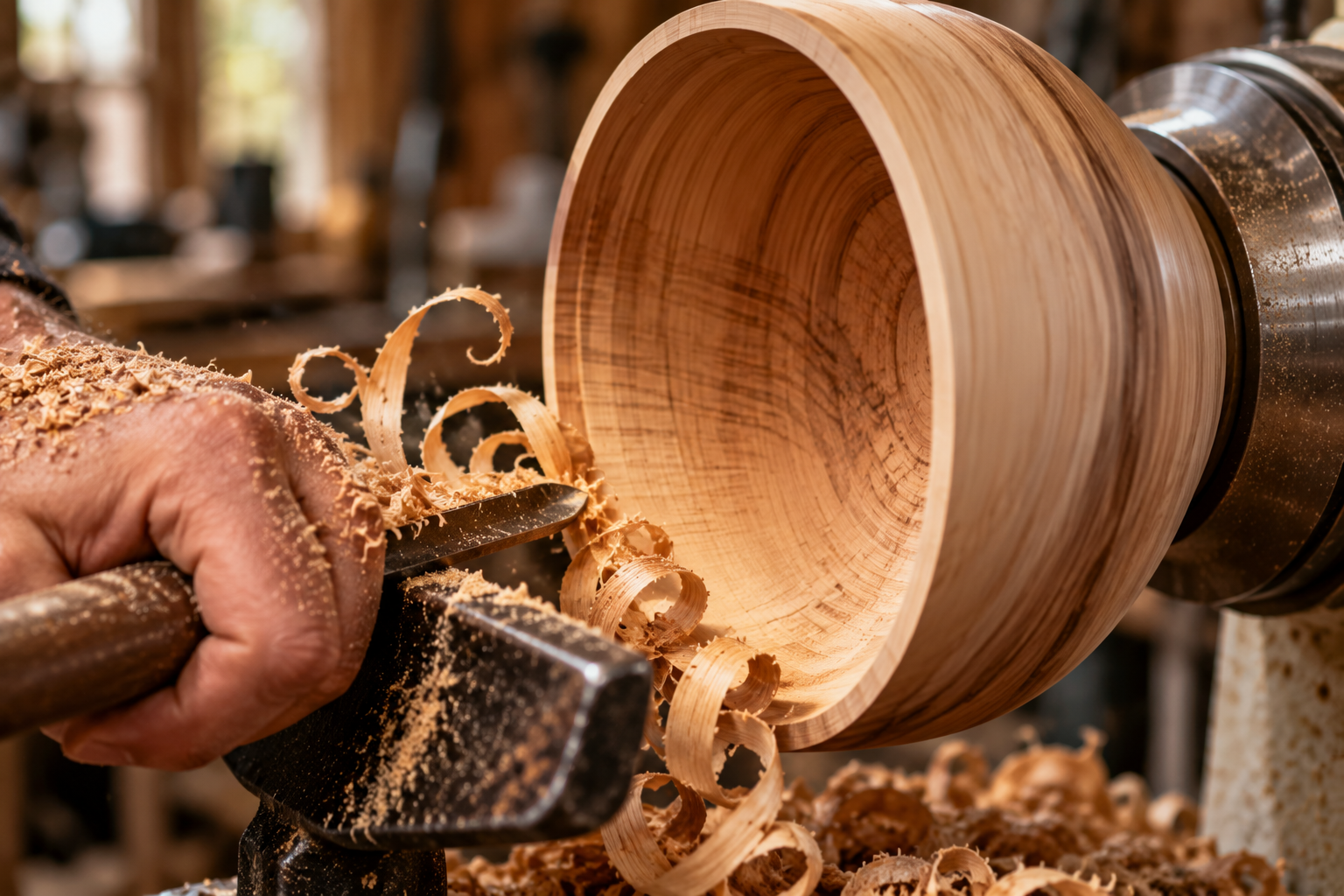 Een houten kom ontstaat op de draaibank