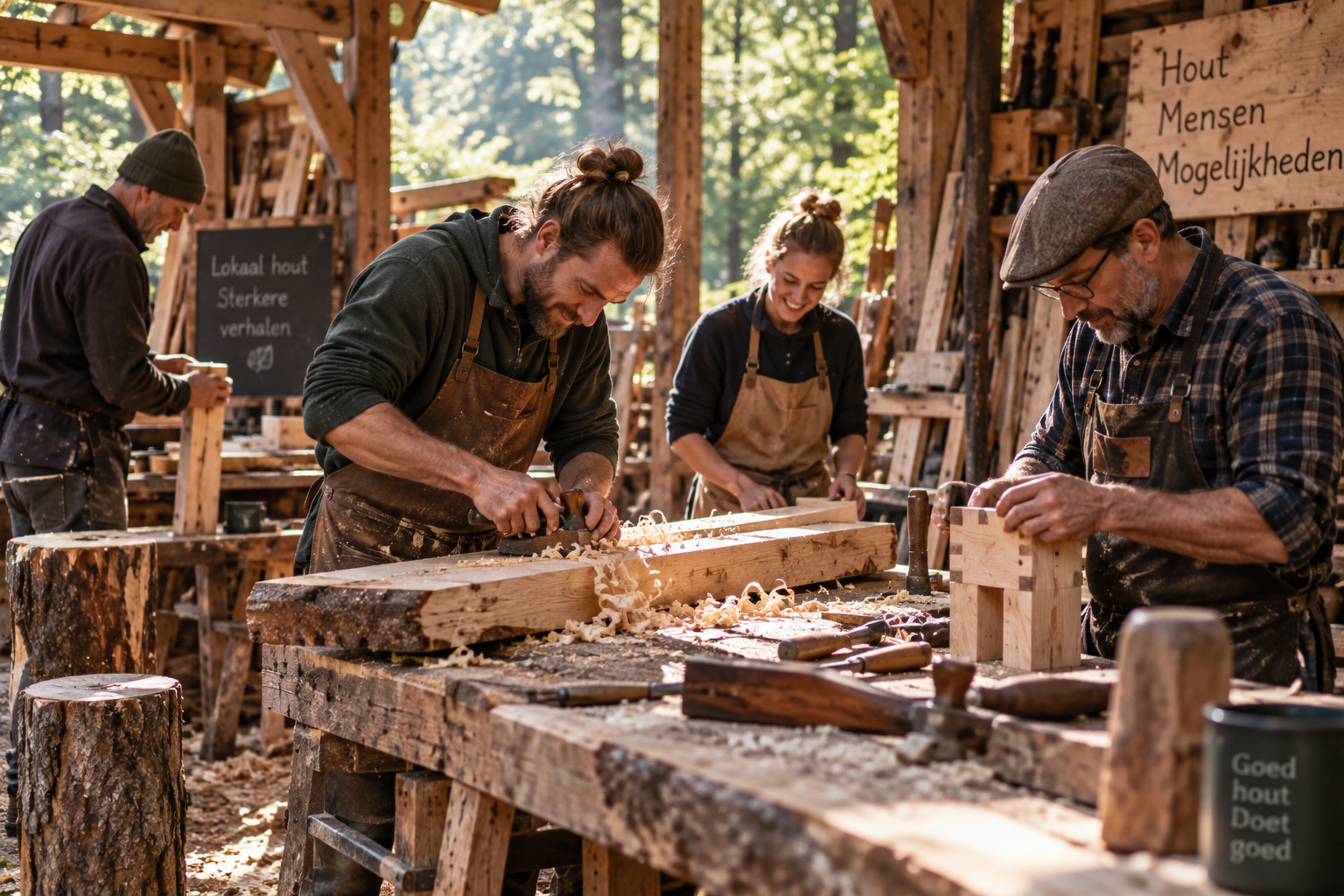 Makers werken samen in een regionale houtwerkplaats