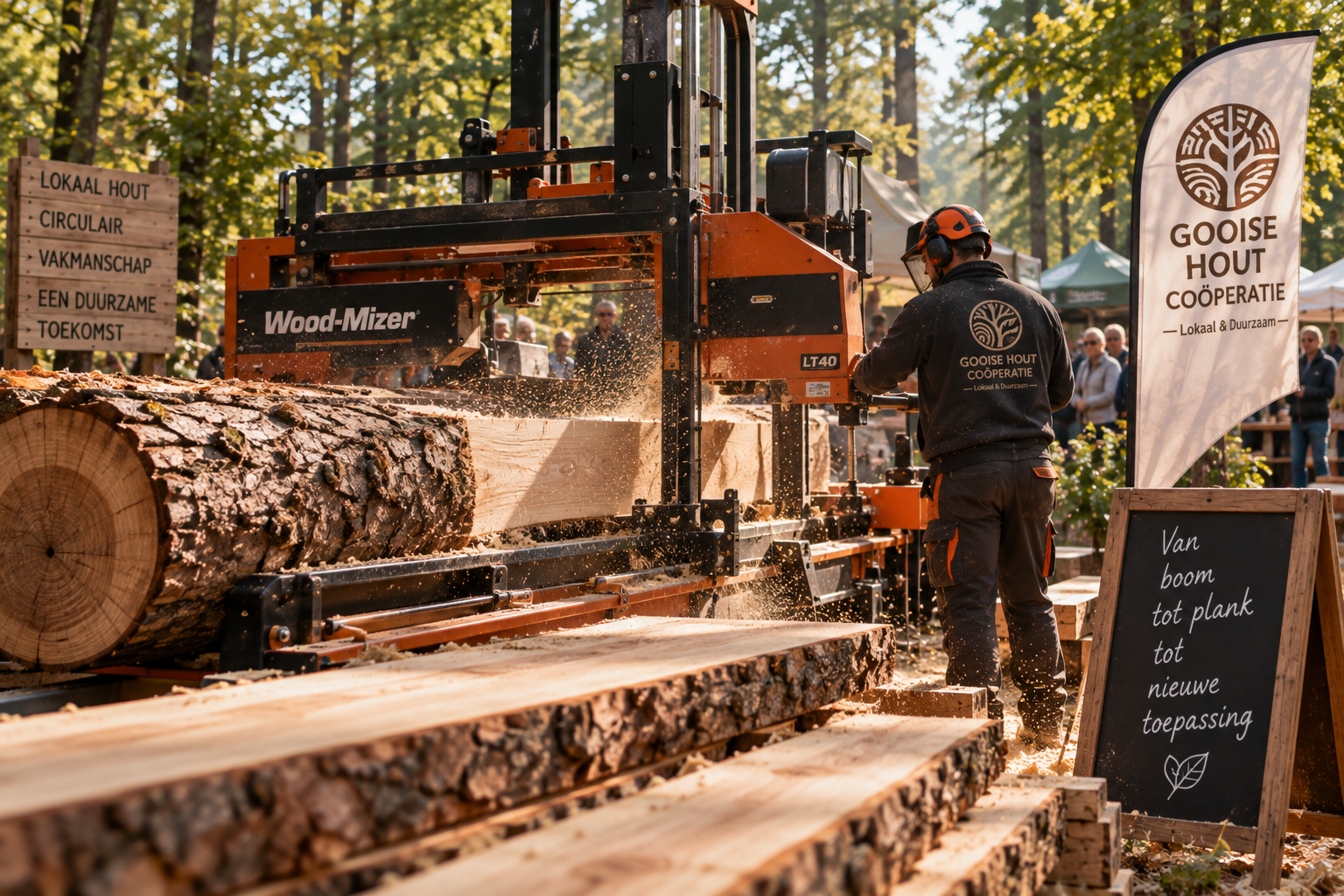 Een regionale boomstam wordt tot bruikbaar hout gezaagd